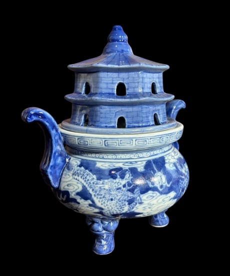 染付 龍 三足 香炉 香道具 美術品 インテリア 置物 陶器 中国 時代物 骨董品 アンティーク
