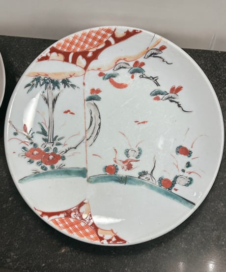 赤絵 [鶴 草木花文] 伊万里 色絵 平皿 丸皿 取り皿 飾り皿 プレート 和食器 陶器 骨董品 アンティーク