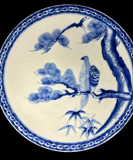 染付 丸皿 [鳥 松図] 丸大皿 中皿 取り皿 盛り皿 飾り皿 絵皿 明治 和食器 骨董品 アンティーク