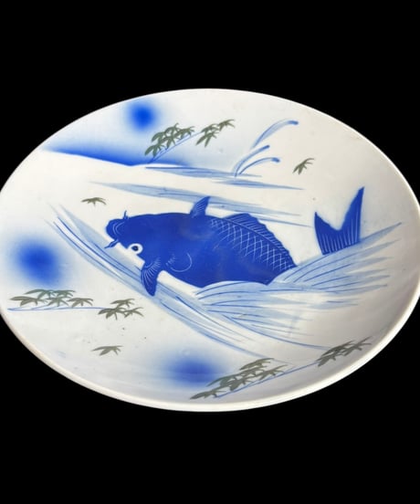 鯉 絵皿 染付 滝登り 丸皿 陶芸 取り皿 盛り皿 飾り皿 和食器 昭和 レトロ 骨董品 アンティーク