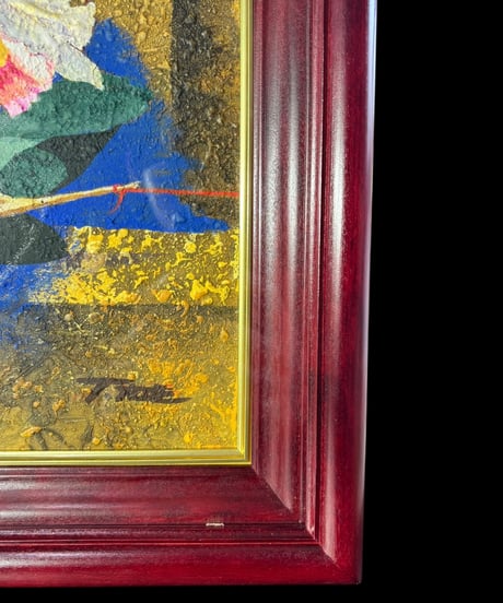 竹久智信 夢の中へ 油絵 カトレア 鶴 貝殻 作家物 額装 額 壁掛 絵画 色絵 古美術 インテリア アンティーク コレクション