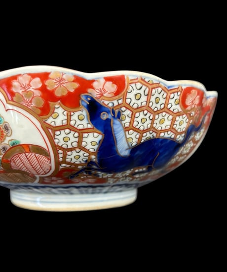3組鉢 大聖寺伊万里 錦手金彩 馬舟草花文図 輪花鉢 時代物 色絵 大鉢 鉢 盛り皿 飾皿 古伊万里 古美術 和食器 骨董品 アンティーク