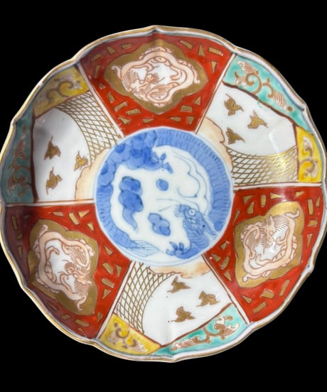 【2客セット】 明治時代 古伊万里 金彩 赤絵 雲龍小鳥文図 小皿 なます皿 冨貴長春 取り皿 飾り皿 和食器 陶器 骨董品 アンティーク