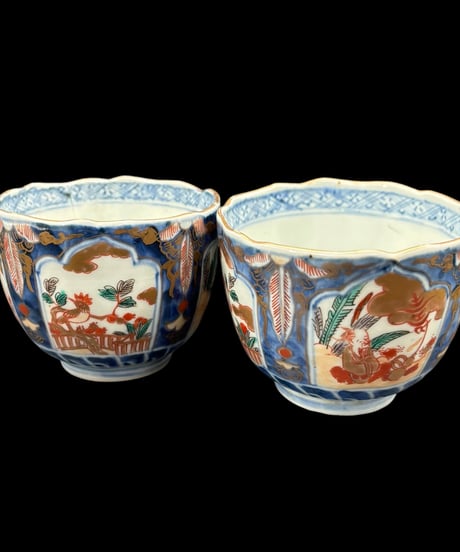 【2客セット】 時代物 古伊万里 湯呑み 金彩 色絵 鳥人物草花文図 冨貴長春 赤絵 蕎麦猪口 和食器 陶器 骨董品 アンティーク