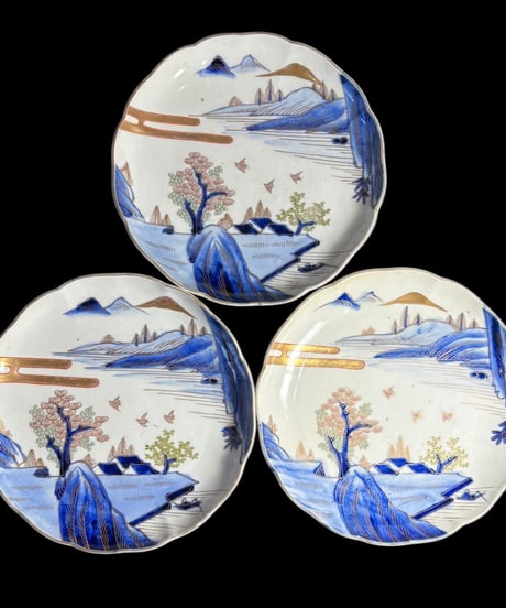 【3客セット】 古伊万里 染付 金彩 山水風景図 色絵 丸皿 取り皿 飾り皿 和食器 明治 伊万里 陶器 骨董品 アンティーク