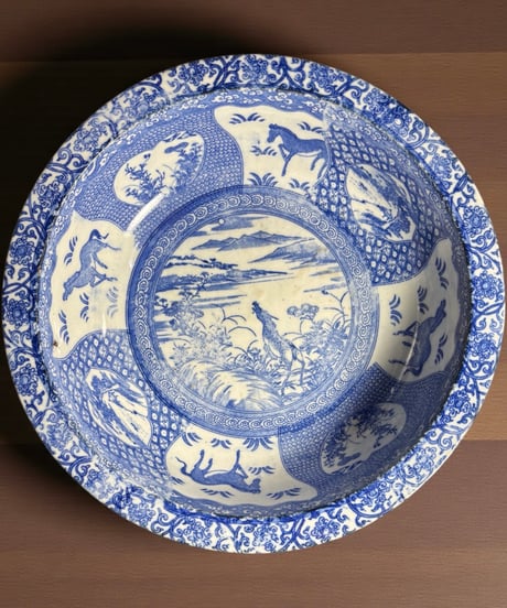 古伊万里 大鉢 馬草花風景文図 盛り鉢 色絵 鉢 取り皿 飾り皿 和食器 陶器 時代物 骨董品 アンティーク