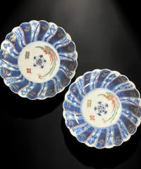 【2客セット】 古伊万里 染付 輪花皿 鳳凰松竹梅文図 色絵 平皿 飾皿 時代物 伊万里 骨董品 アンティーク
