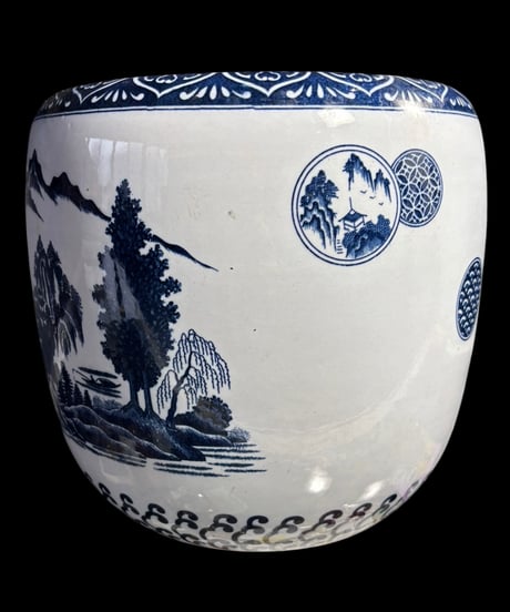 昭和レトロ 染付 火鉢 山水風景文図 金魚鉢 睡蓮鉢 壺 陶器 時代物 古道具 骨董品 アンティーク