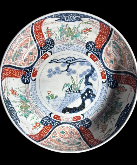 古伊万里 大鉢 松風景草花文図 盛り鉢 色絵 鉢 取り皿 飾り皿 和食器 陶器 伊万里 時代物 骨董品 アンティーク