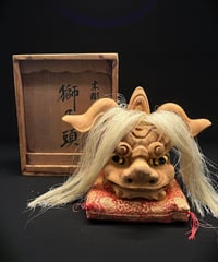 木彫 獅子頭 共箱 獅子舞 魔除け 彫刻 置物 作家物 コレクション オブジェ 古美術 骨董品 アンティーク