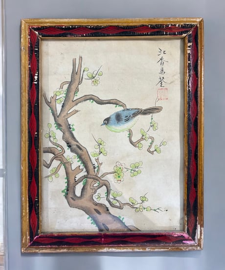 中国美術 絵画【草木鳥風景絵】額装 壁掛 額 扁額 五彩 色絵 民国 中国 古美術 アンティーク コレクション