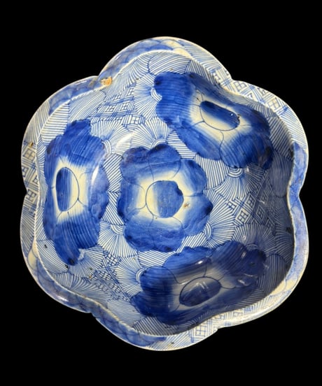 ベロ藍 染付 花重ね図 花形鉢 深鉢 鉢 取り皿 飾り皿 和食器 明治 陶器 骨董品 アンティーク