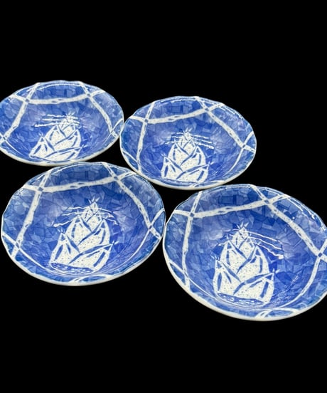【4客セット】義峰 染付 小皿 たけのこ 小鉢 筍 取り皿 盛り皿 飾皿 時代物 和食器 骨董品 アンティーク