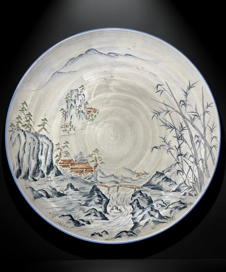 庫山窯 古伊万里 山水風景図 装飾皿 大皿 盛り皿 飾皿 インテリア 古美術 時代物 骨董品 アンティーク