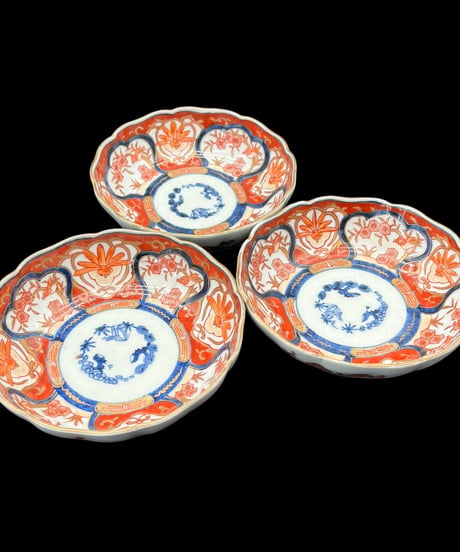 【3客セット】古伊万里 赤絵 鳥草花文図 なます皿 染付 丸皿 取り皿 飾り皿 和食器 伊万里 陶器 骨董品 アンティーク