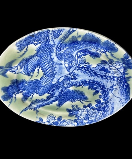 明治 古伊万里 鳥松草花図 青磁 鷲 楕円皿 伊万里 蔵出し 時代物 陶器 骨董品 アンティーク