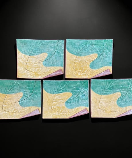 【5客セット】 大樋焼 菓子皿 瓢箪団扇印文図 四方皿 角皿 小皿 平皿 時代物 和食器 骨董品 アンティーク