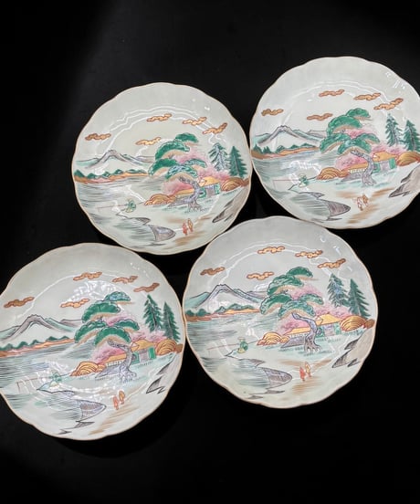 【4客セット】 古伊万里 大皿 金彩 松竹梅 山水風景図 色絵 盛り皿 取り皿 和食器 時代物 陶器 骨董品 アンティーク