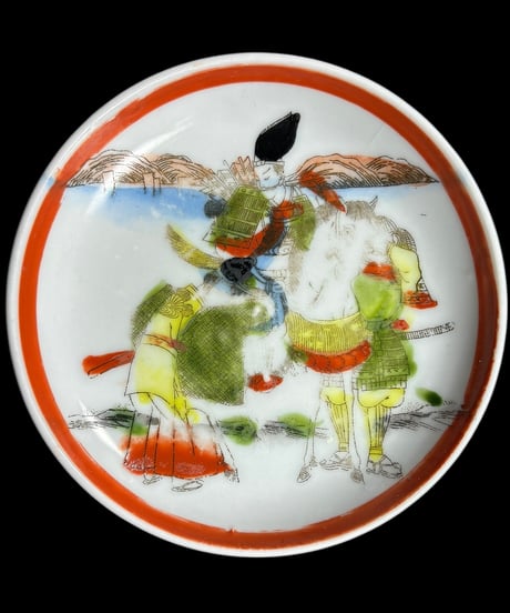 【2客セット】色絵 丸皿 [馬 人物絵] 時代物 小皿 取り皿 盛り皿 飾り皿 レトロ 昭和初期 和食器 骨董品 アンティーク