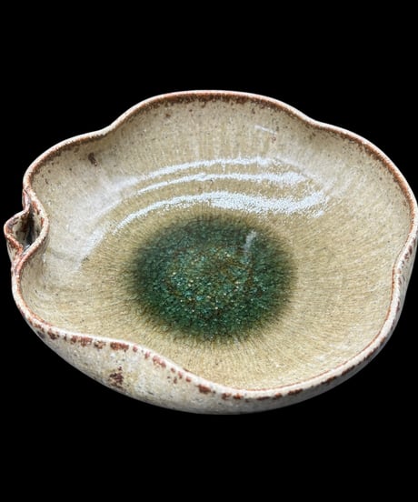 信楽 片口鉢 緑釉 郷水 作家物 花形 織部 共箱 大皿 鉢 盛り皿 飾り皿 和食器 骨董品 アンティーク