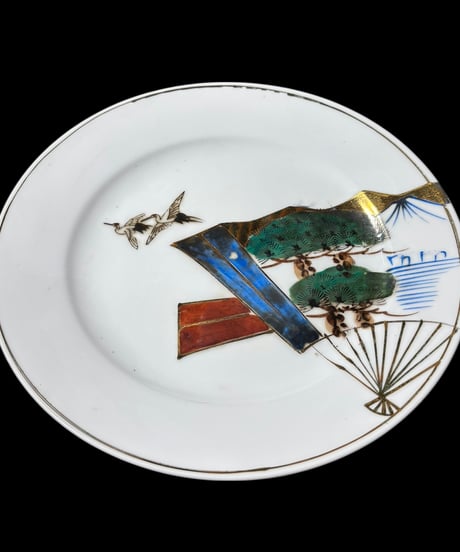 【2枚セット】色絵 双鶴 扇子 大皿 丸皿 取り皿 飾り皿 和食器 時代物 陶器 骨董品 アンティーク