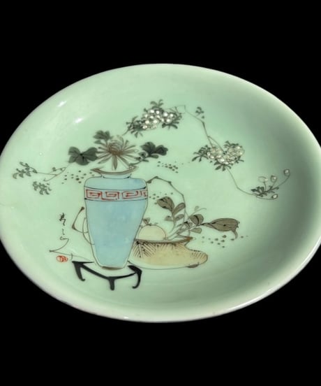 【5客セット】 古伊万里 青磁 花瓶草花文図 丸皿 平皿 飾皿 和食器 陶器 時代物 骨董品 アンティーク