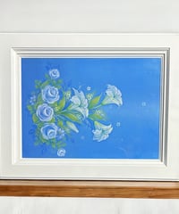 油絵 ブルーリリー 青 薔薇 油彩 看板 額装 壁掛 絵画 色絵 バラ 雑貨 インテリア アンティーク コレクション