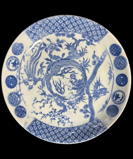 古伊万里 印判皿 鳳凰龍松竹梅風景図 染付 明治 平皿 丸皿 盛り皿 飾り皿 古伊万里 古美術 和食器 骨董品 アンティーク