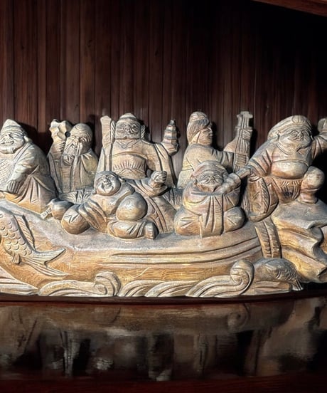 宝船七福神 木彫り 大黒 恵比寿 布袋 弁財天 毘沙門天 福禄寿 縁起物 開運 縁起物 インテリア オブジェ 七福神 彫刻 骨董品 アンティーク