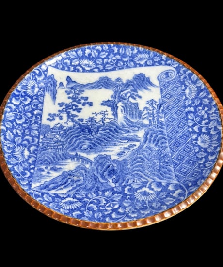 明治 印判皿 染付 巻物 山水図 1980年代 イゲ皿 丸皿 平皿 取り皿 盛り皿 飾り皿 和食器 時代物 骨董品 アンティーク