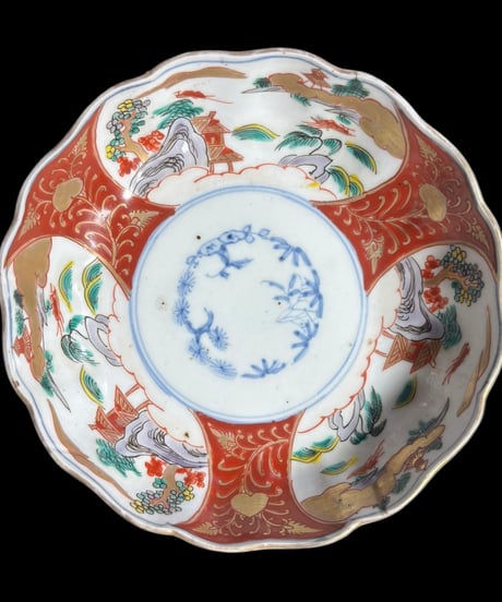 古伊万里 金彩 錦手 色絵 [松竹梅風景文図] なます皿 丸皿 取り皿 飾り皿 和食器 江戸 明治 伊万里 陶器 骨董品 アンティーク