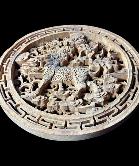 中国手彫り彫刻パネル [麒麟] 木彫り 中国 木製 和風 手彫り 彫刻 キリン 中国雑貨 壁飾り インテリア レトロ アンティーク