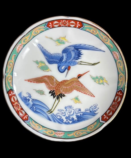 古伊万里 絵皿 [双鶴波雲文] 色絵 小皿 平皿 丸皿 盛り皿 飾り皿 古伊万里 古美術 和食器 骨董品 アンティーク