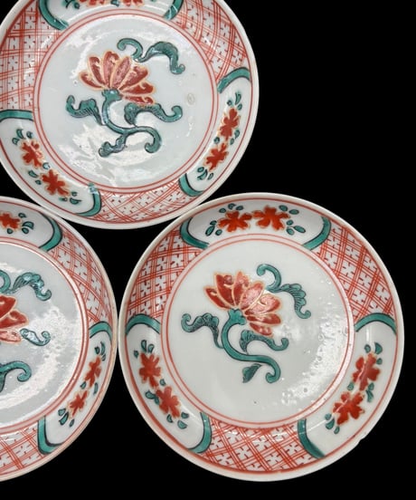 【7客セット】明治期 古伊万里 色絵 赤絵 小皿 草花文図 丸皿 飾皿 呉須 時代物 和食器 骨董品 アンティーク
