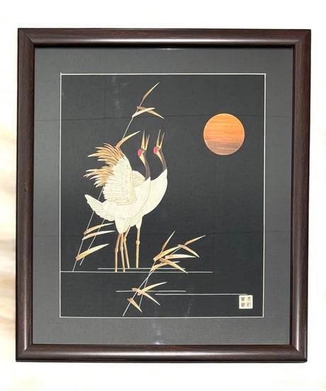 中国現地買入 月 双鶴 切り絵 貼り絵 中国 鳥 風景 額 版画 アート イラスト 美術品 中国雑貨 コレクション 骨董品 アンティーク