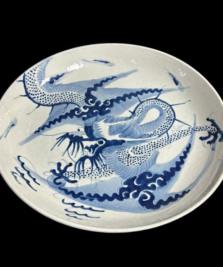 染付 青花 清末【雲龍】五爪龍 大皿 丸皿 清 中国美術 盛り皿 飾り皿 和食器 古美術 骨董品 アンティーク