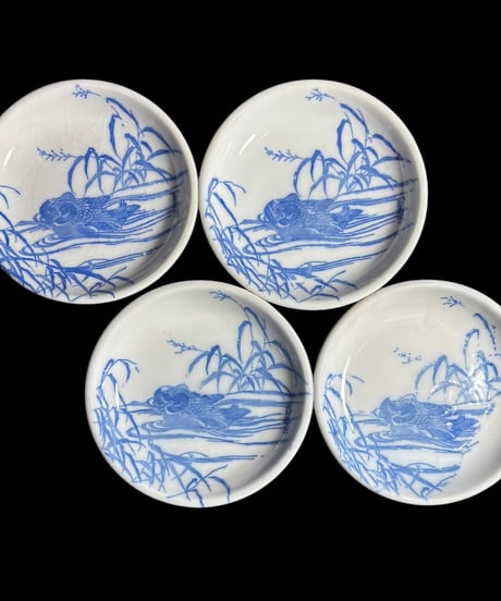 【4客セット】伊万里 鴨 陶玉軒重山製 染付 印判手 小皿 時代物 和食器 骨董品 アンティーク
