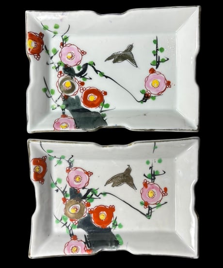 【2客セット】色絵 四角皿 [梅 鳥] 時代物 角皿 変形皿 小皿 取り皿 盛り皿 飾り皿 レトロ 昭和初期 和食器 骨董品 アンティーク