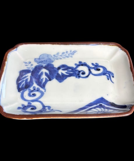 【4客セット】染付 四角皿 [草花文] 角皿 小鉢 陶器 食器 和食器 時代物 骨董品 アンティーク