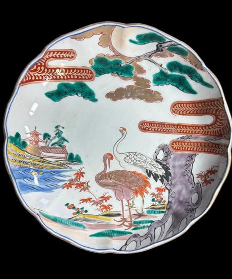 伊万里 絵皿 [双鶴松風景文図] 丸皿 平皿 盛り皿 飾り皿 古伊万里 古美術 和食器 骨董品 アンティーク
