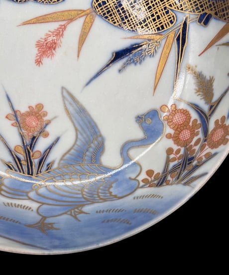 古伊万里 金彩 染付 大鉢 鶴扇面図 取り皿 飾り皿 伊万里 陶器 時代物 骨董品 アンティーク