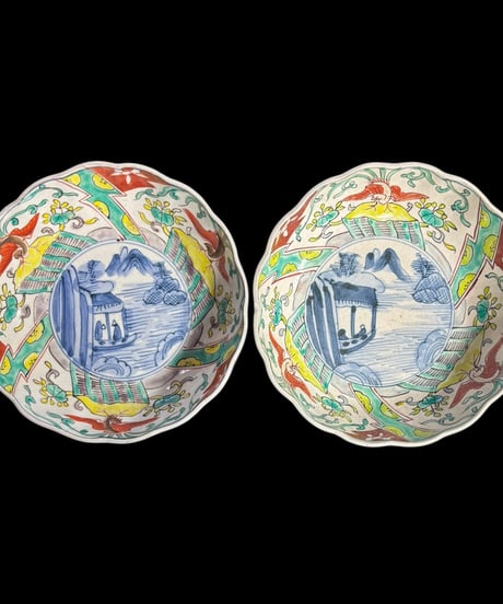 【2客セット】 古伊万里 色絵 なます皿 鳥草花文 山水風景図 時代物 伊万里 和食器 骨董品 アンティーク