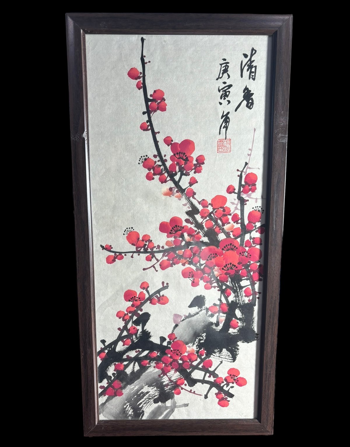 中国美術 水墨画【紅梅】額装 壁掛 額 絵画 梅 色絵 民国 古美術 装飾品 アンティーク コレクション