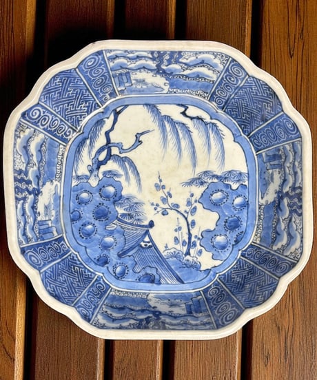 骨董　染付中皿 線描きで素敵◇太明成化年製 伊万里 花文染付線描き七寸中皿