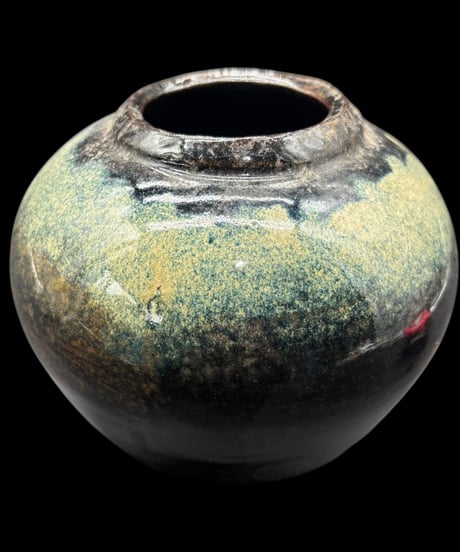 山口 陶芸 花瓶 釉彩 フラワーベース 裏印あり 丸壺 花入れ 花器 陶器 古美術 時代物 骨董品 アンティーク