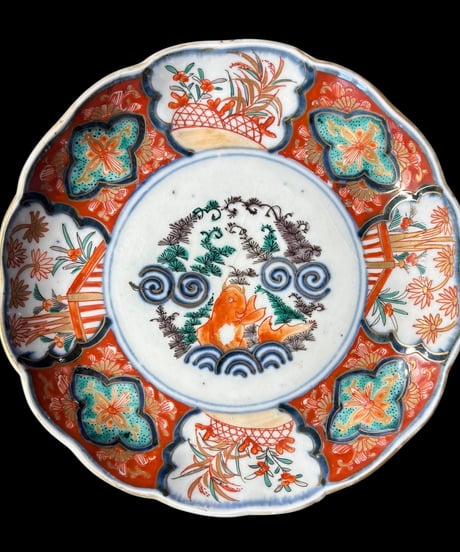 明治時代 古伊万里 金彩 赤絵 鯉草花文図 大皿 取り皿 飾り皿 和食器 陶器 骨董品 アンティーク