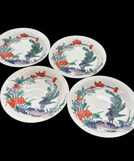 【4客セット】 古伊万里 染付 鳳凰松竹梅文図 色絵 平皿 飾皿 時代物 伊万里 骨董品 アンティーク