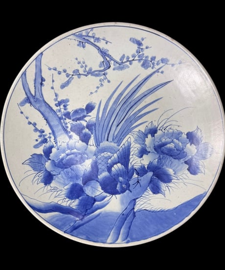 蔵出し 古伊万里 染付 絵皿 孔雀 牡丹図 大皿 丸皿 幕末 明治 取り皿 盛り皿 飾り皿 和食器 時代物 骨董品 アンティーク