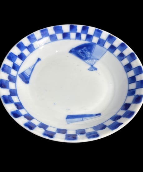 【6客セット】 古伊万里 染付 福 扇子 丸皿 取り皿 飾り皿 和食器 伊万里 陶器 骨董品 アンティーク