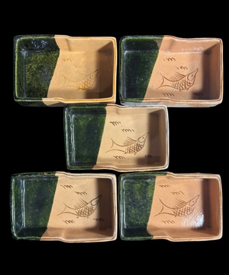 【5客セット】 織部焼 大樋 魚図 刺身鉢 角鉢 四角皿 角皿 茶道具 織部 和食器 骨董品 アンティーク